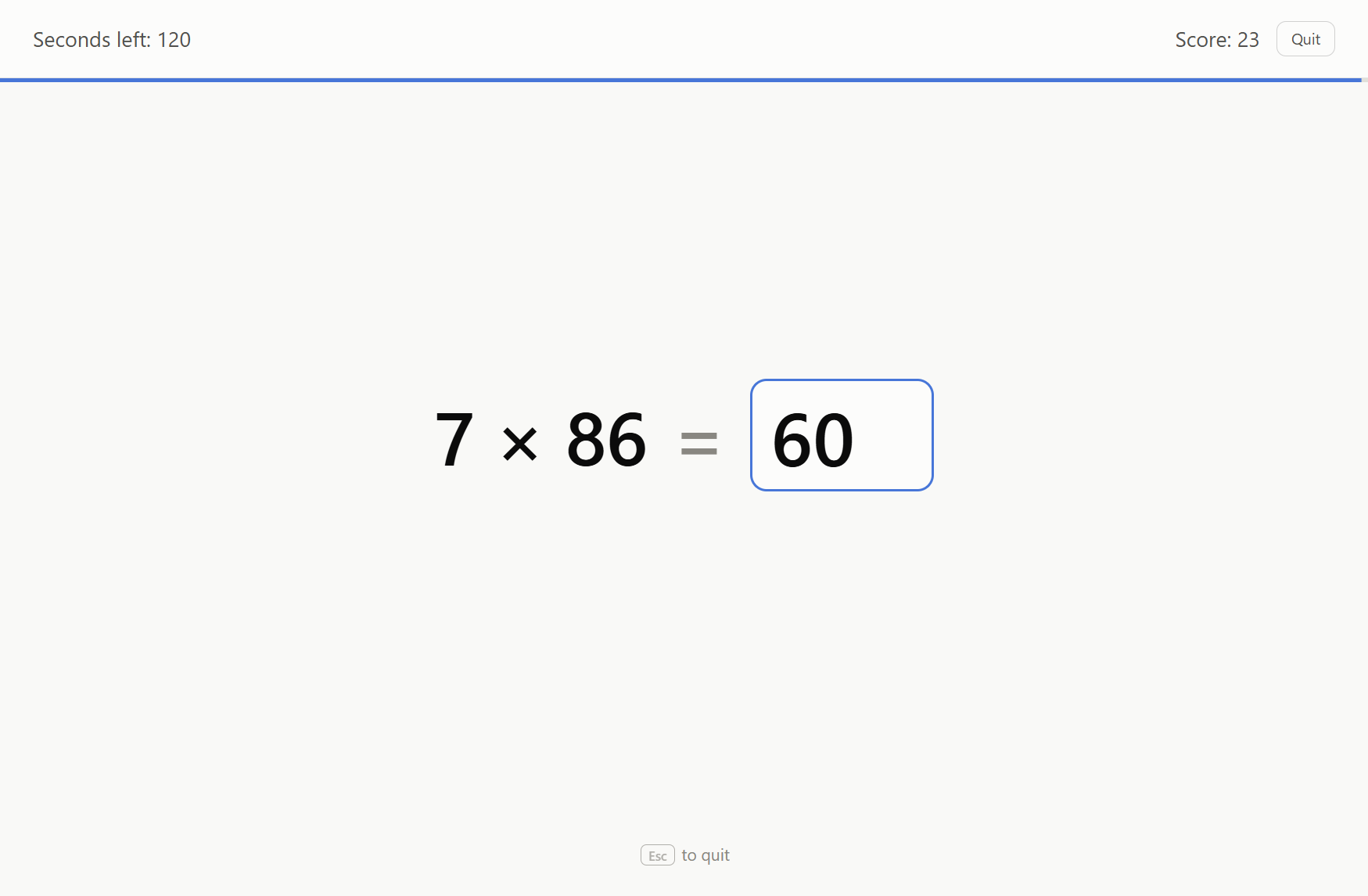Zetapro game screen: 7 × 86 with an answer box, seconds left and score
